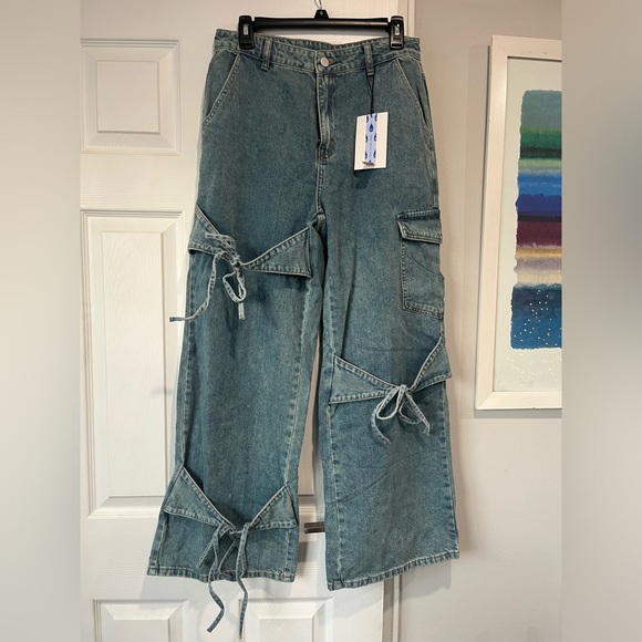Cider Pants - Women's Cider Denim Mid Rise Solid Bowknot Pocket Wide Leg Jeans